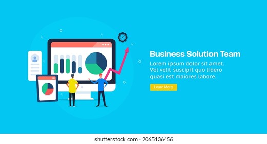 Equipo que trabaja en análisis de negocios, socios de negocios, hombres de negocios que trabajan en análisis - diseño plano de ilustración vectorial con iconos y caracteres