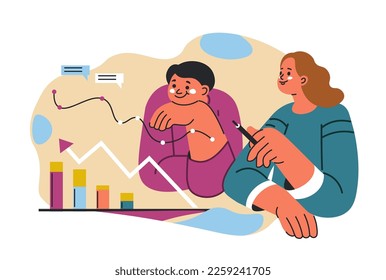 Team working on business development and improvement of organization results and statistics. man and woman looking at charts, growing and falling. Working together on office. Vector in flat style