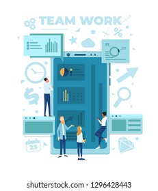 The team is working on a business project. The working process. Analytics, information gathering, teamwork. Smartphone and business team isolated on white background. Vector illustration.