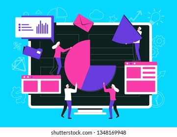Team is Working on a Business Project. Working Process. Analytics, Information Gathering, Teamwork. Monitor, Business Team and icons Isolated on White Background. Vector illustration