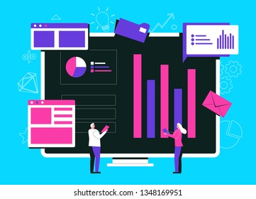 Team is Working on a Business Project. Working Process. Analytics, Information Gathering, Teamwork. Monitor, Business Team and icons Isolated on White Background. Vector illustration