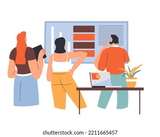 Team working on business project, designers looking at color samples on board. Man and women dealing with visual side, brainstorming getting ideas from presentation in office. Vector in flat style