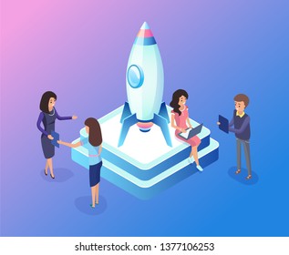 Team working on business startup vector, people launching rocket standing on pedestal, man with laptop and information, woman talking to colleague