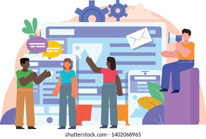 Team working on cross-platform website. People stand near big screen, smartphone, tablet. Poster for web page, social media, banner, presentation. Flat design vector illustration
