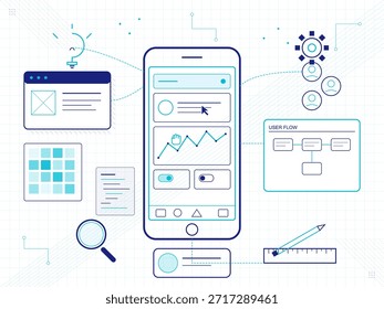 A team is working on designing a mobile application interface. They analyze user flow, visuals, and data. Diagrams, icons, and screens are included in the process.