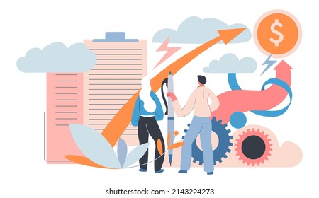 Team working on development of business enterprise or organization. Man and woman with plans and lists with tasks, growing money and improvement. Cooperation and assistance, vector in flat style