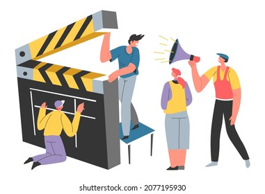 Team working on filming and shooting of series or episodes. Isolated people with cinema clasp and megaphone, operator and director giving commands for professional filmmakers. Vector in flat style