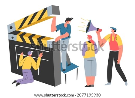 Team working on filming and shooting of series or episodes. Isolated people with cinema clasp and megaphone, operator and director giving commands for professional filmmakers. Vector in flat style