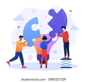 Team working on innovative idea for launching new start up project. People with lightbulb connecting puzzle. Flat abstract metaphor cartoon vector concept design banner. Isolated on white background