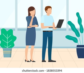 Team working on new project vector, man and woman in office looking at screen of laptop. Character thinking on solving of problems of company business