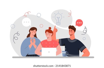 Equipo trabajando en el proyecto. Niñas y hombres en laptop, sociedad y coworking. Colegas en el cargo, tormentas de ideas y una idea brillante. Desarrollo de empresas y empleados. Dibujo vectorial plano de dibujos animados