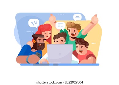 Team working on project. Group of people look at laptop screen. Vector illustration isolated on white background.