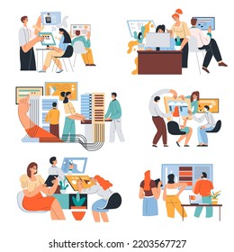 Team working on project in office, company with employees dealing with tasks and completion. Designers and secretaries, programmers and illustrators. People by workspace. Vector in flat style