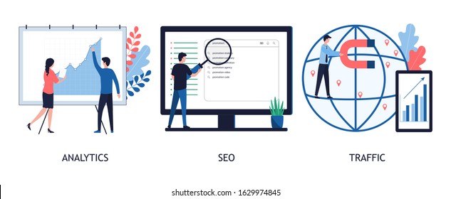 The team is working on promoting an information resource, website, social media page, video. Analysis, SEO, attraction of traffic and target customers. Flat vector illustration on white background.