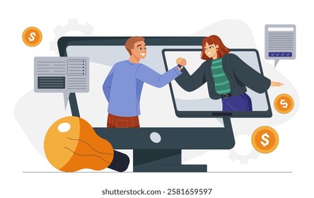 Team working on start up. Man and woman working on business project. Collaboration and cooperation. People launch startup. Brainstorming and innovation. Flat vector illustration