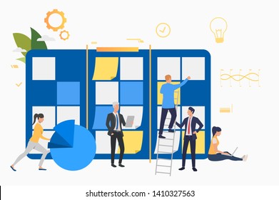 Team working on startup. Note board, diagram, scrum meeting. Business concept. Vector illustration can be used for presentation slides, landing pages, posters