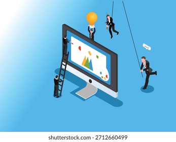 Equipo trabajando en el Diseño web y la idea creativa en la Ilustración vectorial isométrica 3d del monitor
