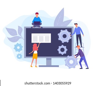 IT team working on web site development. Seo optimization concept. Vector flat graphic design isolated illustration