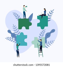 Team working, people connecting puzzle elements, business concept vector illustration