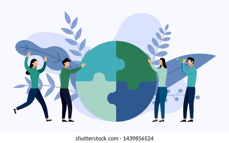 Team working, people connecting puzzle elements, business concept vector illustration