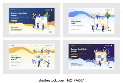 Team working at planning board set. People sticking notes, discussing task. Flat vector illustrations. Corporate meeting, project, teamwork concept for banner, website design or landing web page