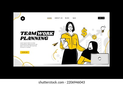 Team Working planning in company landing page with hand drawn outline style