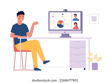 Team working remotely, video conference for business meeting. Vector of online conference team remote, communication call meeting illustration