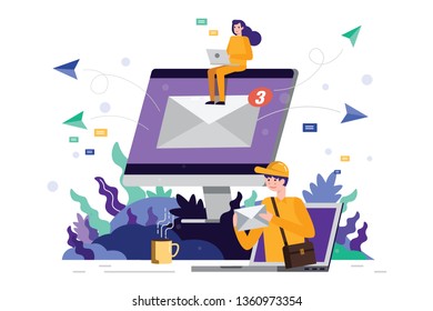 Team working and sending emails on computer screen. Online marketing, Mail service and correspondence delivery concept. flat design vector illustration