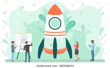 Team is working with startup. People launching business project, business strategy successful. Entrepreneurs create new project with spaceship. Characters planning rocket launch, making calculations