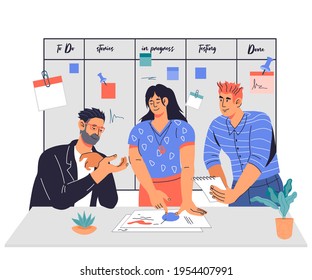 Team working together against SCRUM task board with sticky notes. Teamwork on common project and SCRUM business meeting. Programming and planning,  flat vector illustration isolated on background.