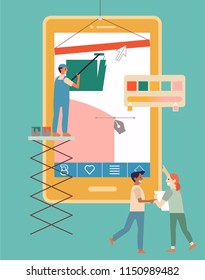 Team are working together for building an application, Building the application concept, People build application on yellow smart phone,  Vector illustration in flat style