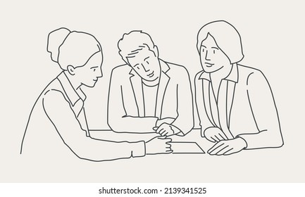 Team working together in coworking space, office team workers and business colleagues. Hand drawn vector illustration. Black and white.