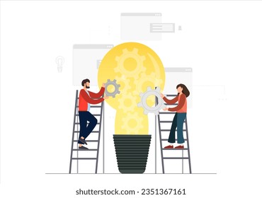 Team working together, finding new ideas, analyzing information, searching for new solutions, teambuilding concept, flat vector illustration