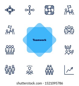 Team working together line icon set. Stack of hands, idea, flag. Teamwork concept. Can be used for topics like business, project, startup, success