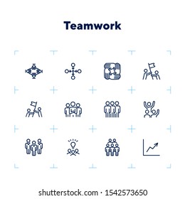 Team working together line icon set. Stack of hands, idea, flag. Teamwork concept. Can be used for topics like business, project, startup, success