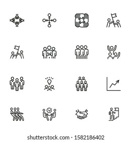 Team working together line icon set. Stack of hands, idea, flag. Teamwork concept. Can be used for topics like business, project, startup, success
