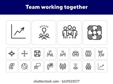 Team working together line icon set. Stack of hands, group of people, celebrating success. Teamwork concept. Can be used for topics like unity, cooperation, successful team