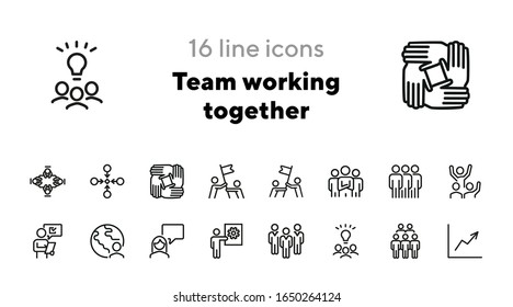 Team working together line icon set. Stack of hands, group of people, celebrating success. Teamwork concept. Can be used for topics like unity, cooperation, successful team