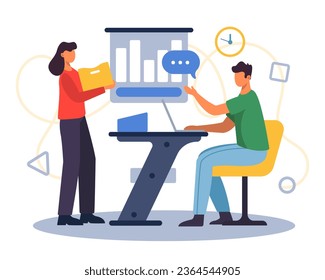 Equipo trabajando juntos en la oficina. Colegas hablando en el trabajo. Concepto de aumento de la productividad y la eficiencia en las empresas. Ilustración vectorial plana en estilo de dibujos animados en colores azules
