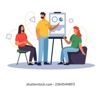 Team working together in office on project. Concept of increasing productivity and efficiency in business. Flat vector illustration in cartoon style in blue colors