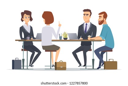 Team working together. Office talking peoples managers business group dialogue coworkers persons vector concept pictures