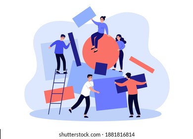 Team working together on abstract idea. People carrying subjects of different shapes and putting together geometrical puzzle. Vector illustration for chaos, teamwork, failure arranging concepts