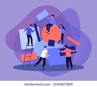 Team working together on abstract idea. People carrying subjects of different shapes and putting together geometrical puzzle. Vector illustration for chaos, teamwork, failure arranging concepts