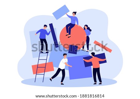 Team working together on abstract idea. People carrying subjects of different shapes and putting together geometrical puzzle. Vector illustration for chaos, teamwork, failure arranging concepts