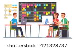 Team working together on a big IT startup business. Programming and planning. Scrum task board hanging in a team room full of tasks on sticky note cards.  Flat style color modern vector illustration.