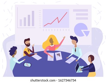 Team working together on a big IT startup business. Strategy planning meeting. a woman runs a company. behind the revenue growth chart. Flat style isolated vector illustration. Laptop, diagram, table