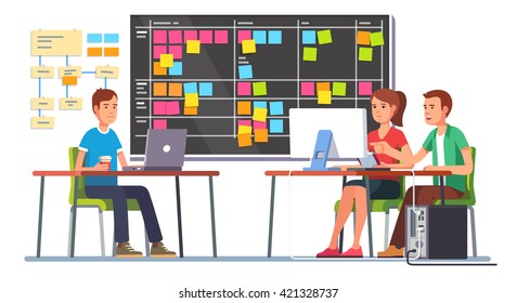 Team working together on a big IT startup business. Programming and planning. Scrum task board hanging in a team room full of tasks on sticky note cards.  Flat style color modern vector illustration.