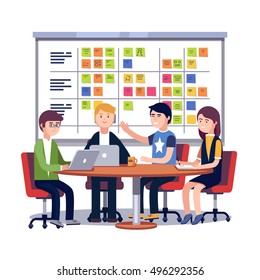Team working together on a big IT startup business. Strategy planning meeting. SCRUM task board hanging in a team room full of tasks on sticky note cards. Flat style isolated vector illustration.