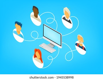 Team working together remotely via internet. Isometric 3d style vector illustration 