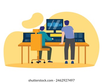 Team working together in the studio, production music song. Character design. Vector flat illustration